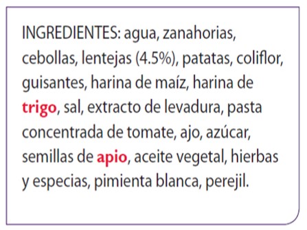 Lista de ingredientes de un alimento en el que aparecen marcados en rojo los alérgenos