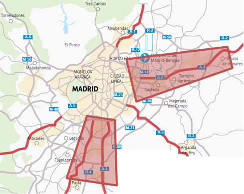 Corredores logísticos de la Comunidad de Madrid Imagen que destaca los principales corredores logísticos de la Comunidad de Madrid alrededor de la A-2 y la A-4