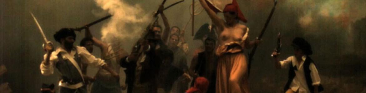 La Liberté raisonnée, 2009. Cristina Lucas. Colección CA2M, Móstoles Fotografía en color con un grupo de personas que simulan estar en una batalla y cuyo personaje central, una mujer, con el pecho al descubierto alza la bandera de Francia