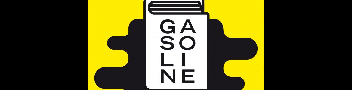 Gasoline. Encuentros en torno al libro de artista 2019 Dibujo de un libro en el que se lee GASOLINE sobre una mancha negra y un fondo amarillo