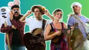 fotografía divertida del grupo musical con sus respectivos instrumentos 
