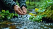 Manos tocando el agua de un río