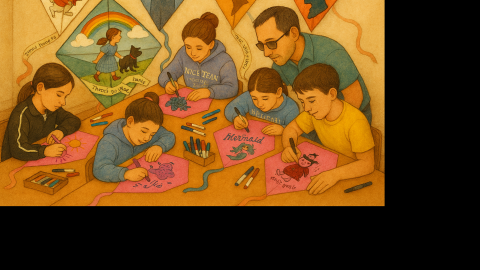 Imagen decorativa, alrededor de una mesa, niños y el tallerista crean cometas