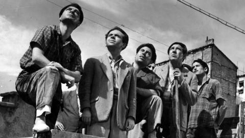 un grupo de hombres en una camioneta mira hacia el cielo
