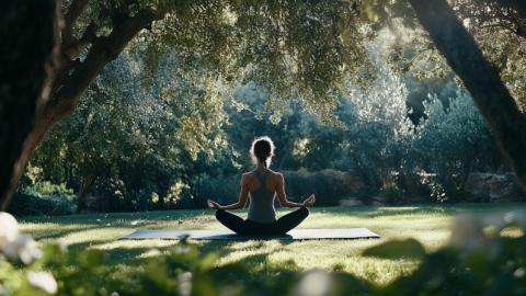mujer haciendo yoga en parque