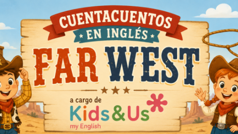 Cuentacuentos en inglés "Far west" Imagen decorativa, con dibujos de un mono, tigre, jirafa, elefante y loro
