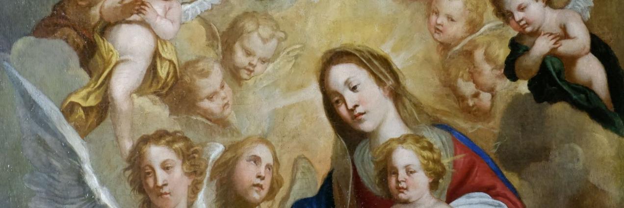 imagen de un óleo representando la virgen María rodeada de ángeles