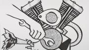 Dibujo de una mano con llave inglesa ajustando piezas