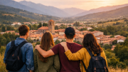 Jóvenes de espaldas mirando a un pueblo