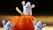 Una calabaza y fantasmas blancos