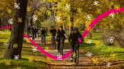 Jóvenes en fila en bicicleta por un parque