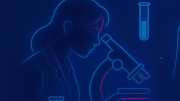 Imagen icónica de una persona mirando en un microscopio y la anatomía del cuerpo humano