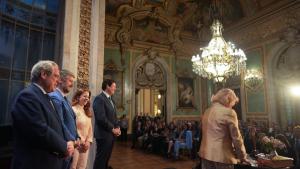 Fátima Matute y Miguel Ángel García en la toma de posesión de la nueva Junta de Gobierno del Colegio Oficial de Farmacéuticos de Madrid