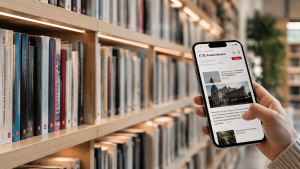 Fotografía de estantería con libros y móvil
