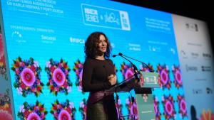 La presidenta Isabel Díaz Ayuso en la presentación de Iberseries & Platino Industria