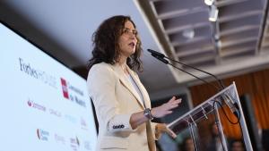 La presidenta Isabel Díaz Ayuso durante el encuentro organizado para reforzar su liderazgo en la atracción de inversión extranjera
