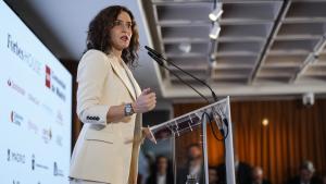 La presidenta Isabel Díaz Ayuso durante el encuentro organizado para reforzar su liderazgo en la atracción de inversión extranjera