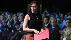 La presidenta Isabel Díaz Ayuso durante el mayor encuentro internacional de inversión inmobiliaria que se celebra por primera vez en Madrid