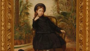 Retrato sedente de la niña María Teresa de Madrazo y de Madrazo vestida y tocada con sobrero colores oscuros