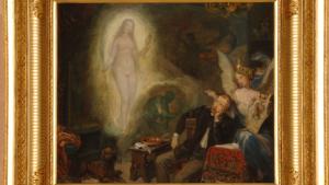 Cuadro con escena interior con varios personajes en el que uno, el artista, es visitado por la "inspiración" o una musa mientras parece dormir