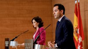 Díaz Ayuso e Ignacio Aguado Ayuso y Aguado durante la rueda de prensa posterior al Consejo