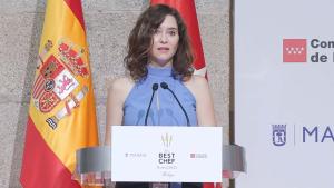 Díaz Ayuso recibe a los mejores cocineros del mundo por la celebración en Madrid de los VI premios The Best Chef Awards La presidenta durante su discurso en la Real Casa de Correos