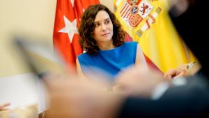 Díaz Ayuso anuncia el estreno en Collado Villalba del servicio de visitas a domicilio a embarazadas y familias vulnerables La presidenta, vestida de azul, durante el Consejo de Gobierno