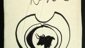 Dibujo de una bacía con la cabeza de un toro en el centro y la dedicatoria para Arias