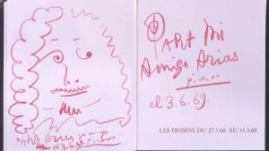 Dibujo garabateado de un rostro y dedicatoria Para mi amigo Arias