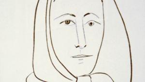 Dibujo de una señora con pañuelo en la cabeza en blanco y negro