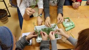 Taller de plantas aromáticas Mesa donde varias personas están cogiendo ramitas de romero