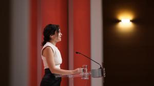 La presidenta Isabel Díaz Ayuso durante la comparecencia ante los medios de comunicación