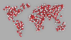 Imagen de icónica de un mapa del mundo compuesto por medicamentos