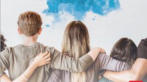 Portada de guía sobre prevención del suicidio en adolescentes, con un grupo de jóvenes abrazados y la palabra ‘Vivir’