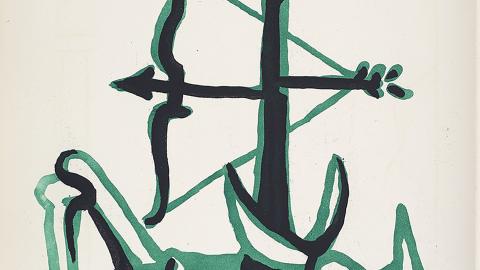 Óscar Domínguez, Poésie et vérité, 1947. Aguatinta. © Óscar Domínguez, VEGAP, Madrid, 2026. Dibujo en verde de animal, árbol y arco con flecha