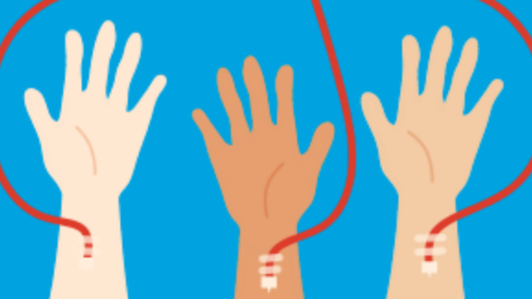 Grafismo de tres brazos donando sangre