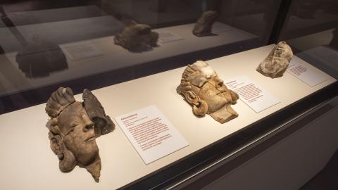 Esculturas de rostros humanos en piedra aparecidas en el yacimiento extremeño de Casas del Turuñuelo