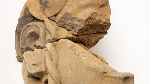 Escultura de rostro humano en piedra aparecida en el yacimiento extremeño de Casas del Turuñuelo