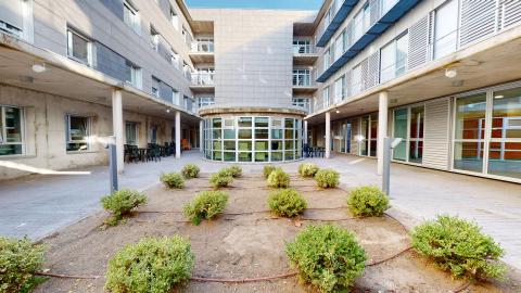 Patio. Patio al aire libre entre las alas de habitaciones. En el centro hay jardín con plantas. Esta es la vista desde los salones de estar con ventanales.