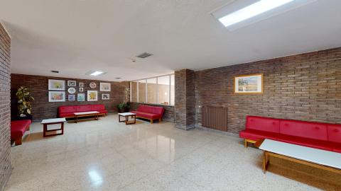 Salón. Salón amplio con muros de ladrillo caravista. Ventanas amplias que dan a exterior. Cuadros alegres en los muros. Sillones en piel roja y mesas bajas en blanco y madera.