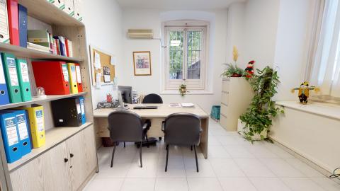 Trabajo social. Sala en blanco con archivero, librero y escritorio en madera muy clara. Destaca una maceta grande con un poto frondoso.