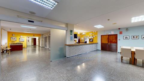 Recepción. Mostrador de recepción de madera clara. Detrás se aprecian unos sofás tapizados en verde, una maqueta y paneles informativos en la pared. A la derecha hay una mesa con sillas en tonos claros.