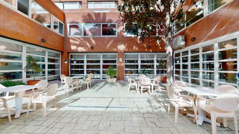 Patio. Patio interior luminoso de estilo inglés rodeado por fachadas de ladrillo visto arcilloso. Cuenta con numerosos ventanales amplios con marcos blancos que permiten ver el interior. El suelo es de baldosas claras y está amueblado con varios conjuntos de mesas y sillas de plástico blanco. Destaca un árbol grande en el centro que proyecta sombras sobre el pavimento.