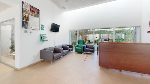 Recepción y sala de espera. Zona de recepción muy iluminada con luz natural cenital. Cuenta con un mostrador de madera oscura a la derecha y varios sillones individuales de color gris a la izquierda. Destaca un sillón accesible de color verde oscuro en el centro, un televisor en la pared blanca y un dispositivo desfibrilador (DESA) verde. Al fondo, un gran ventanal muestra un jardín exterior.