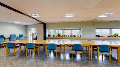 Centro de día. Gran sala polivalente en el centro de día, muy iluminada por amplios ventanales a lo largo de la pared del fondo que dan al exterior. Destaca una larga fila de mesas de madera alineadas con numerosas sillas de color azul brillante, preparadas para actividades grupales. Las paredes son de color verde menta y el suelo es de terrazo moteado. Al fondo, las repisas de las ventanas están llenas de plantas en macetas.