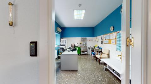 Consulta de enfermería. Consulta de enfermería bien equipada y ordenada, vista desde la entrada. La pared frontal es de un color azul intenso, mientras que las laterales son blancas. Destacan la mesa de escritorio gris con un ordenador, una camilla de exploración blanca y un armario de medicación. El suelo es de terrazo oscuro. Una ventana a la izquierda aporta luz natural.