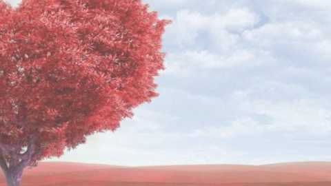 Imagen de un árbol con forma de corazón en un paisaje con nubes