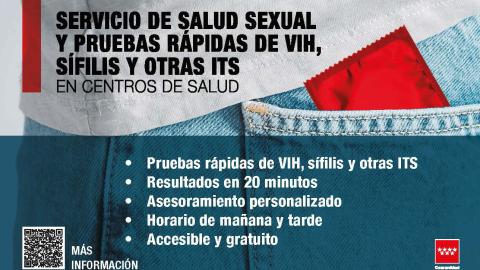 tarjeta promocional de servicios de salud sexual y pruebas rápidas trozo de camiseta y bolsillo de vaquero con preservativo rojo y texto de anuncio de servicio de salud sexual y pruebas rápidas