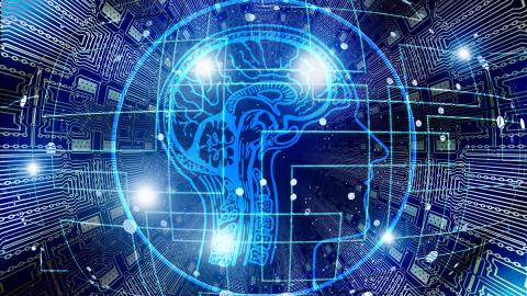 Perfil humano con un cerebro digital rodeado de circuitos electrónicos