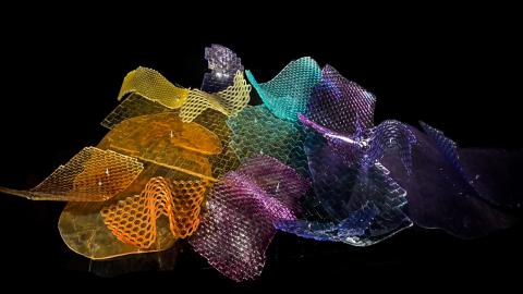 Trozos ondulados de plástico y varios colores formando una figura